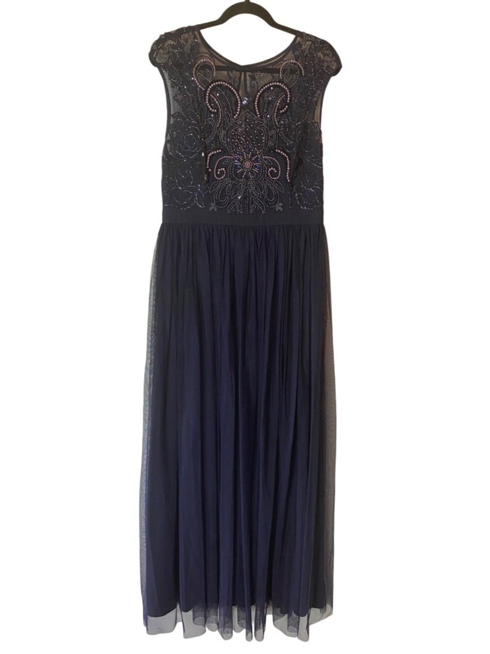 Aidan Mattox Navy Beaded Bodice Mesh Gown Elegant Evening Dress Size 14